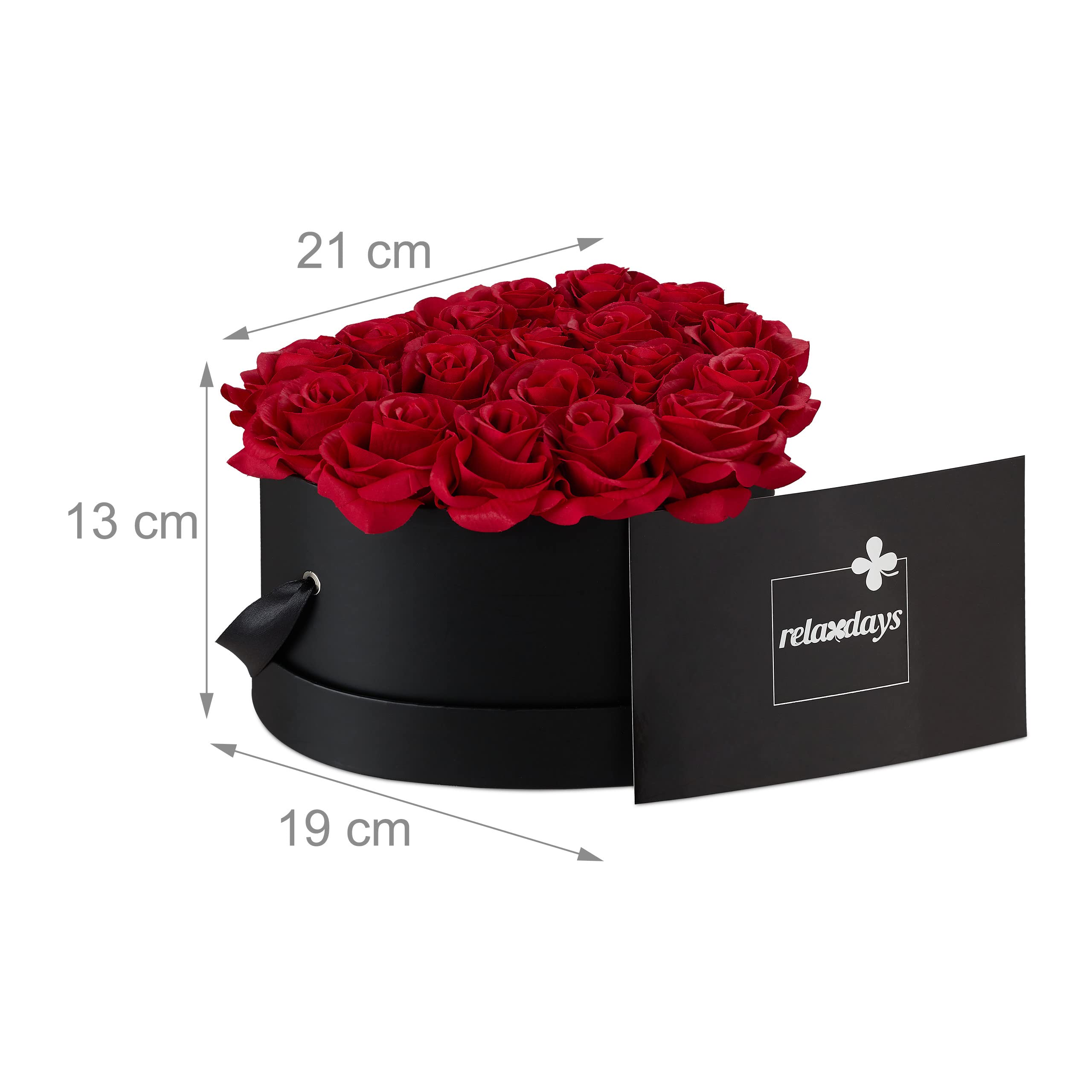 Relaxdays Rosenbox Herz, 18 Rosen, stabile Flowerbox schwarz, 10 Jahre haltbar, Geschenkidee, dekorative Blumenbox, rot, 13 x 21 x 19 cm
