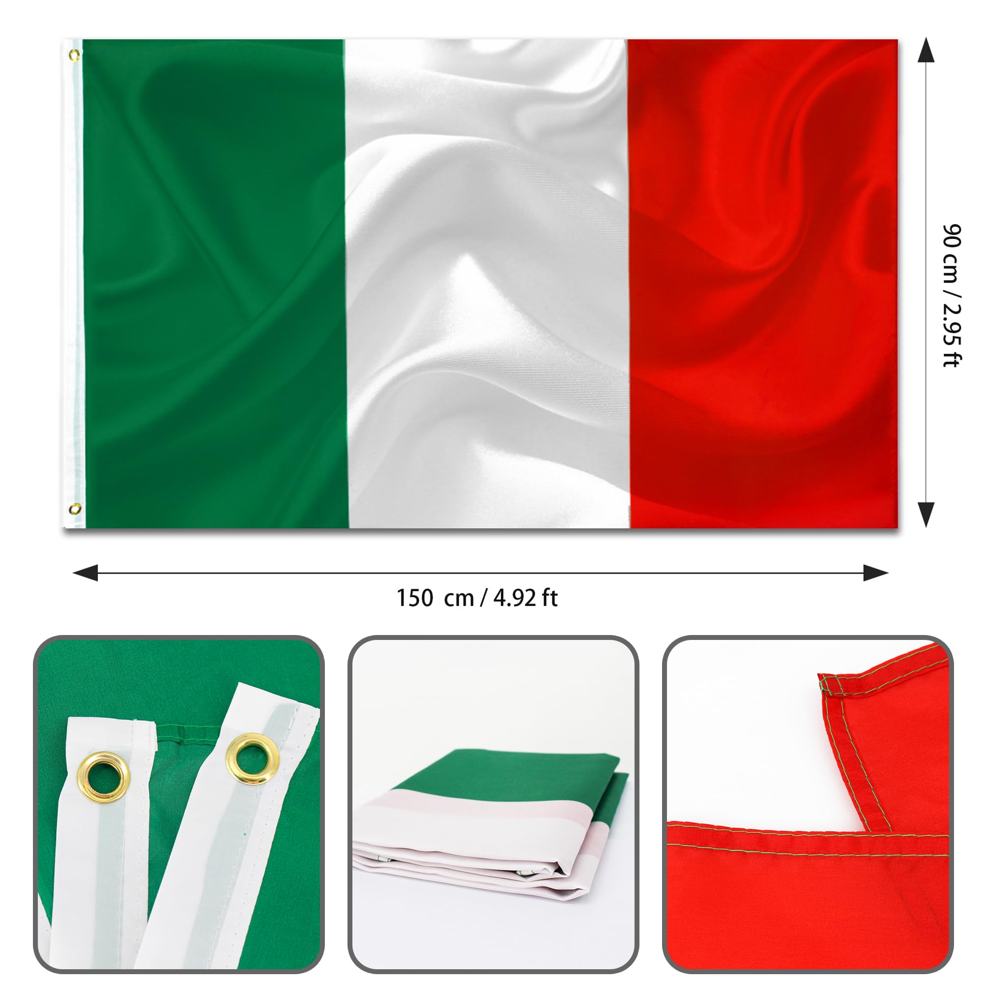 Bandiera Italia 90x150 cm Poliestere Resistente con Anelli Metallo 2 Pezzi