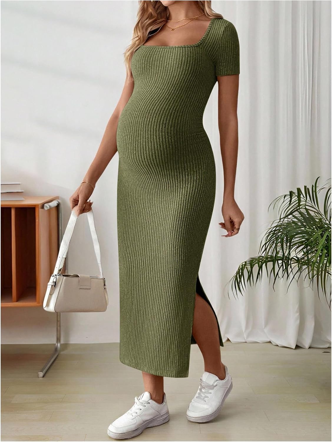 MakeMeChic Women's Maternity Square Neck Bodycon Baby Shower Maxi Dress
