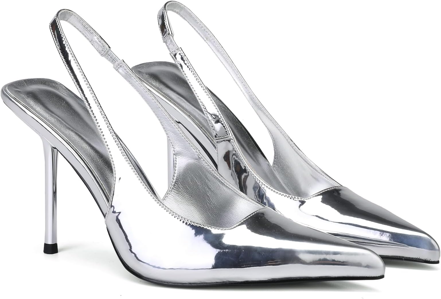 Women's Slingback Stiletto High Heels Pointed Toe Slip On Pumps Shoes Patent Leather Stretch Strap Backless Dress Heels