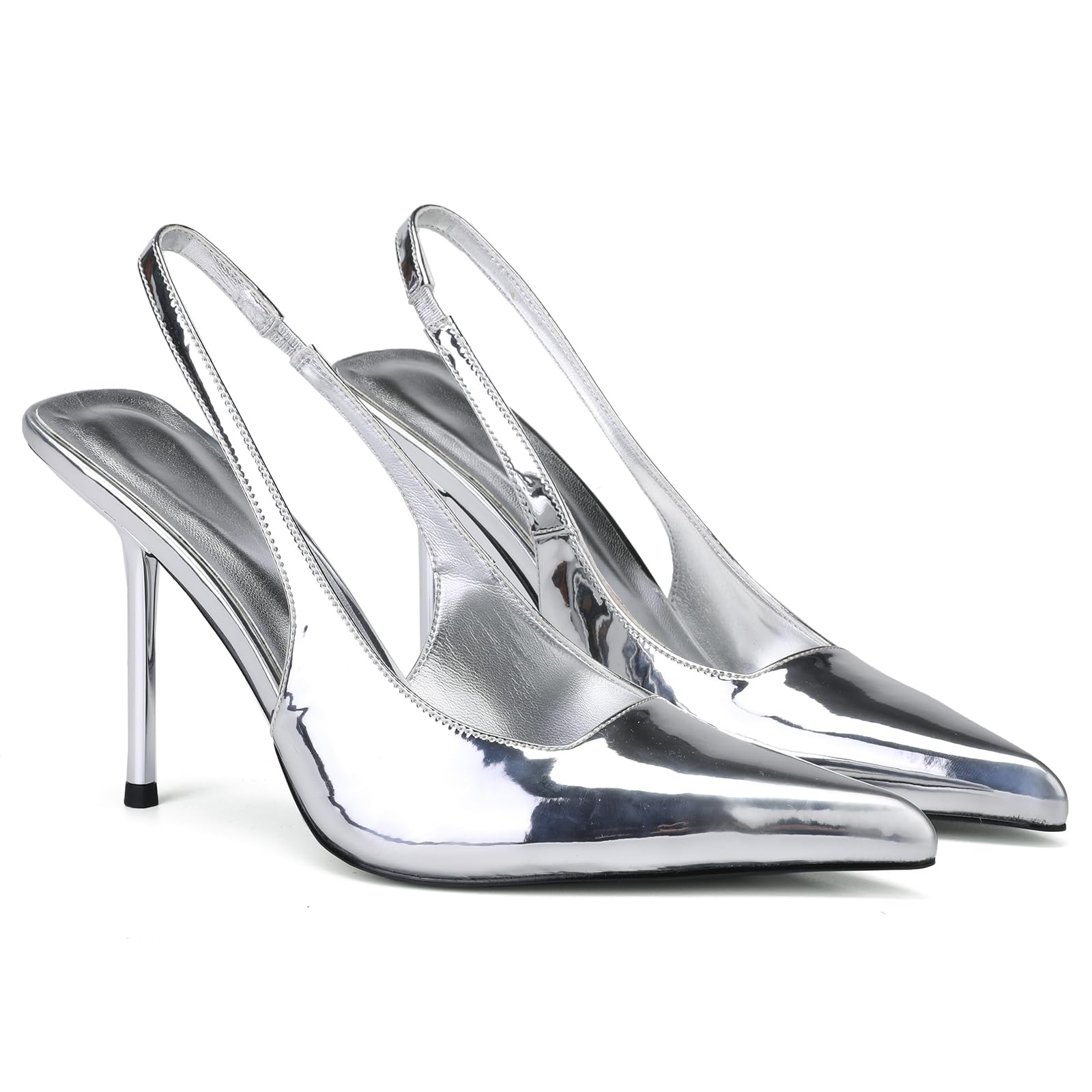 Women's Slingback Stiletto High Heels Pointed Toe Slip On Pumps Shoes Patent Leather Stretch Strap Backless Dress Heels