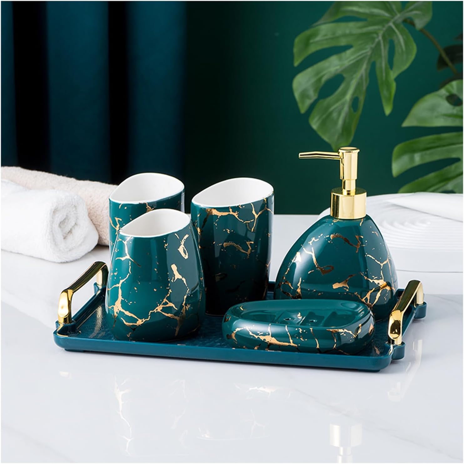 Soap Dispenser Set Green, 5-Piece Bathroom Set, Includes Ceramic Soap Dispenser, Soap Dish and 2 Toothbrush Cups, Toothbrush Holder, Golden Marble Pattern,Green