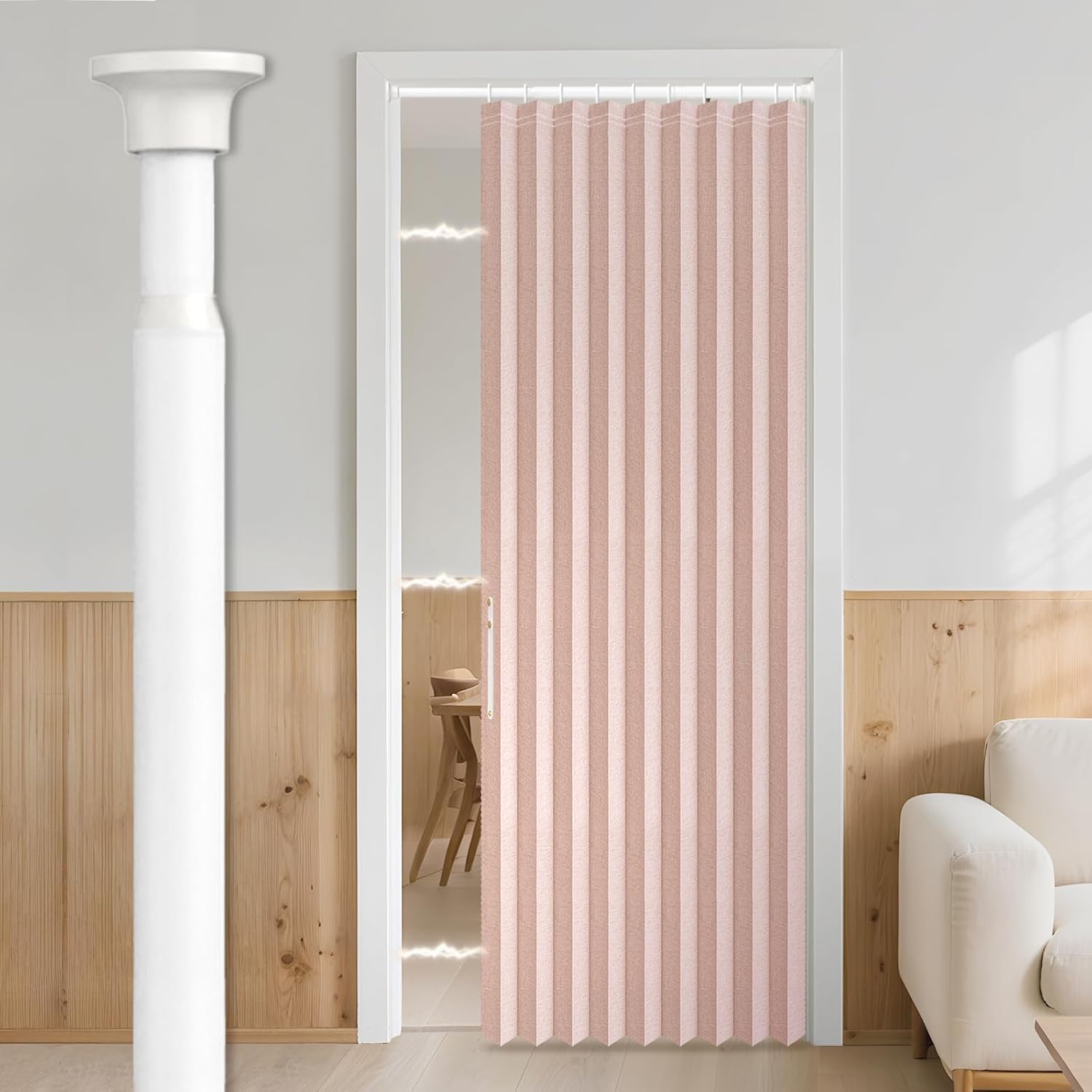 AJAZZ 100% Blackout Curtain for Door Invisible Accordion Doors Interior Magnetic Door Curtain Front Doors Curtains for Glass Window Sets (1 Pack, 44 W x 78 L,Pink+Rod)