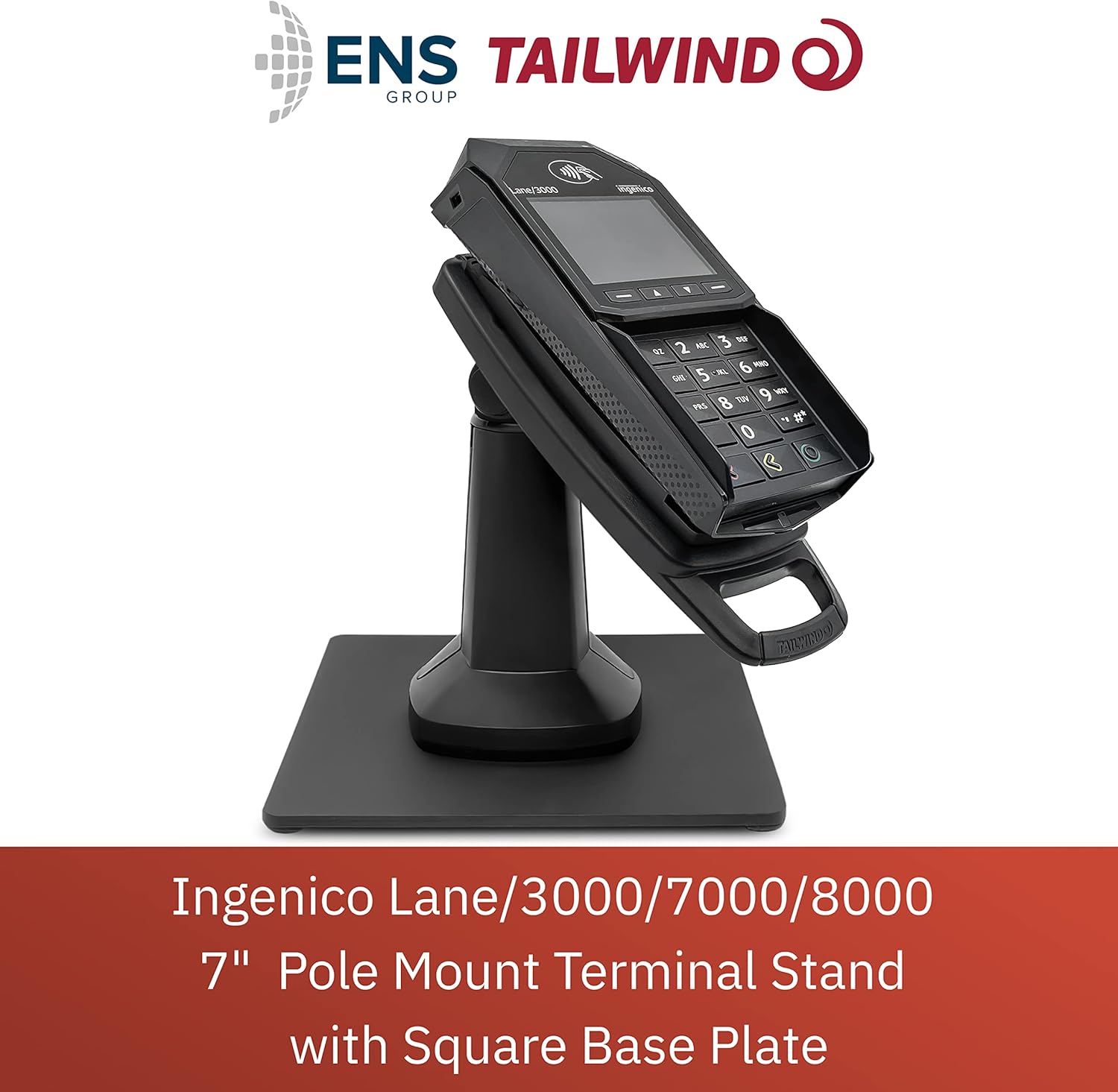 ENS Tailwind Ingenico Lane/3000/7000/8000 7" Latch and Lock Flexipole Plus Pole Mount Terminal Stand with Square Freestanding Mobility Base Plate, Black