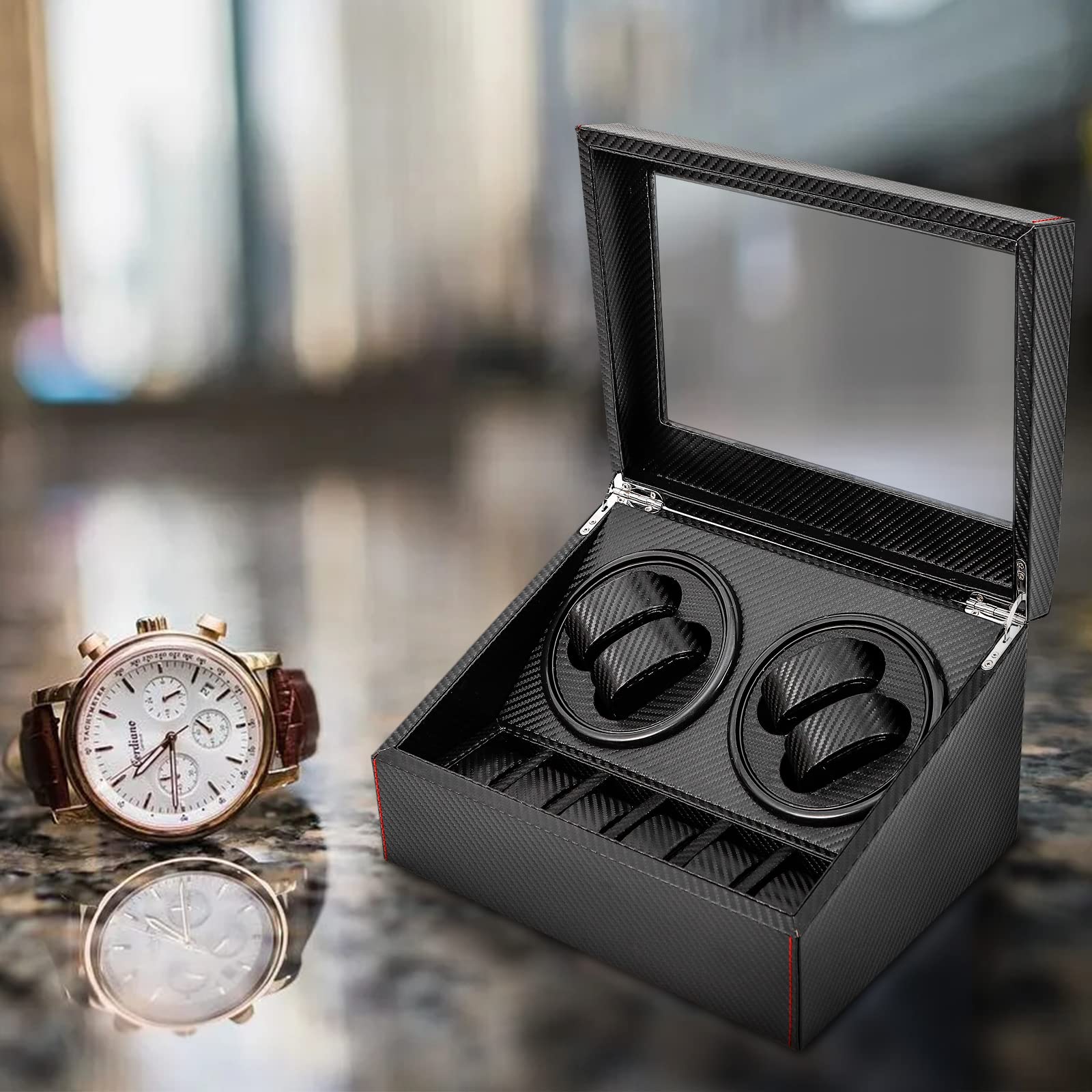 Automatyczny rotomat Watch Winder skrzynka na zegarek 4+6 zegarków na rękę, czarny