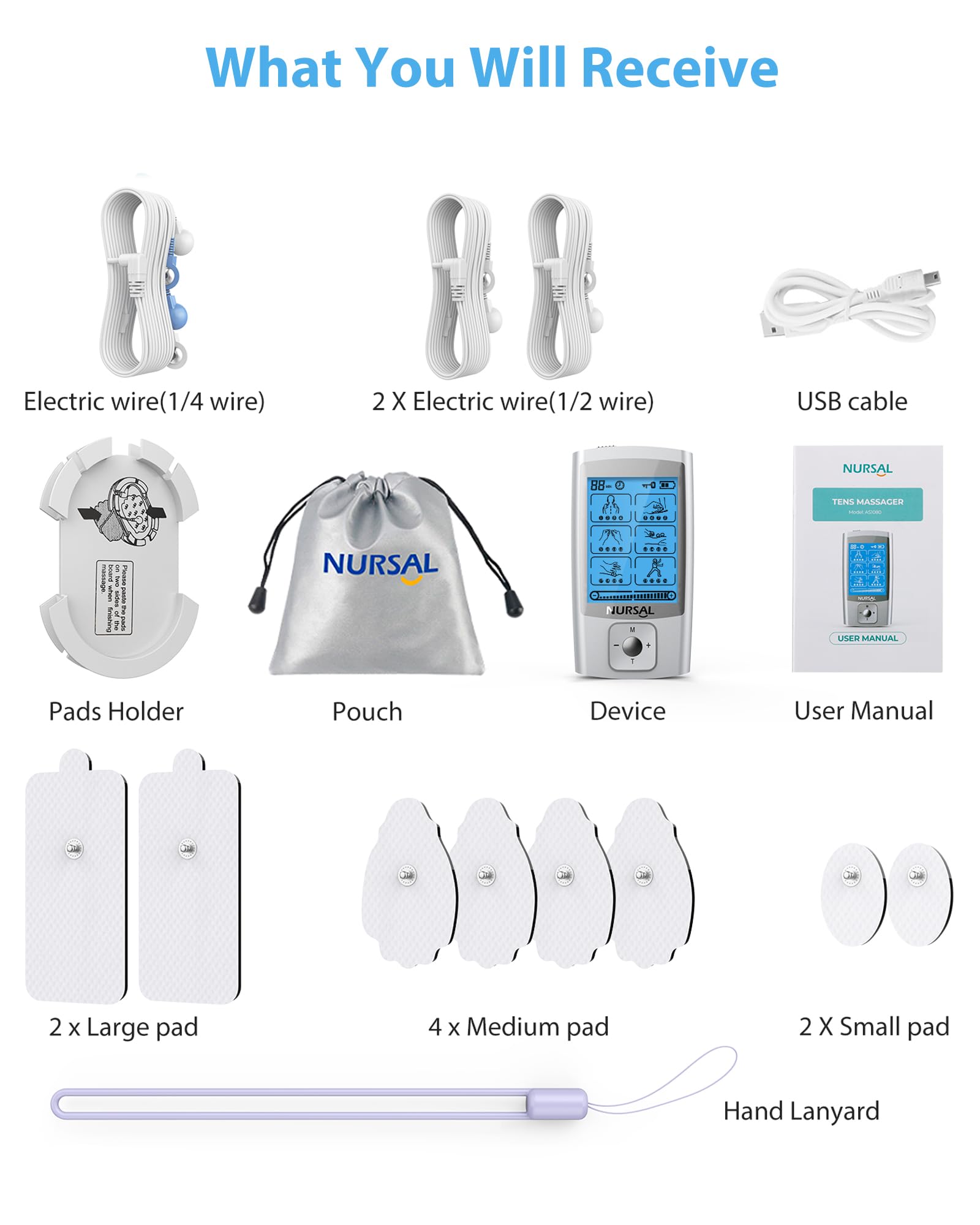 NURSAL 24 Modes TENS Unit Muscle Stimulator for Pain Relief, Rechargeable Electronic Pulse Massager, 8 Pcs Pads, Drug-Free Pain Relief for Shoulder, Back, Muscle, ABS Pads Holder — Amazon image 8