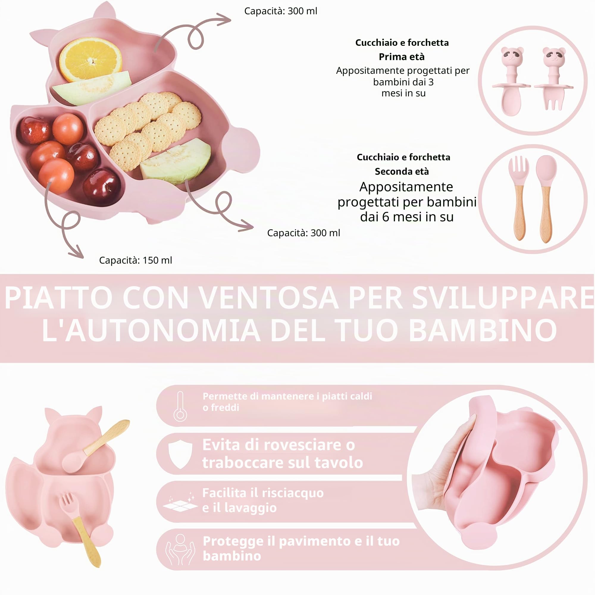 TudoBem Set Pappa Svezzamento 8 Pezzi – 1 piatto svezzamento con Ventosa, 1 Bavaglini Neonato, 1 Ciotola Antiscivolo, 2 Posate Bambini, 1 Cucchiaino Svezzamento, 1 Bicchiere Neonato 6 Mesi Prima Pappa