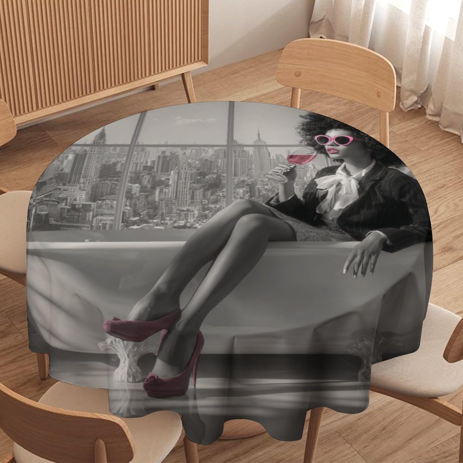 LUYYSKY Beautiful Abstract African Women Waterproof Round Tablecloth Modern Elegant Bathroom Art American Black Women Washable Table Cover for Kitchen-127 Wx127 L cm