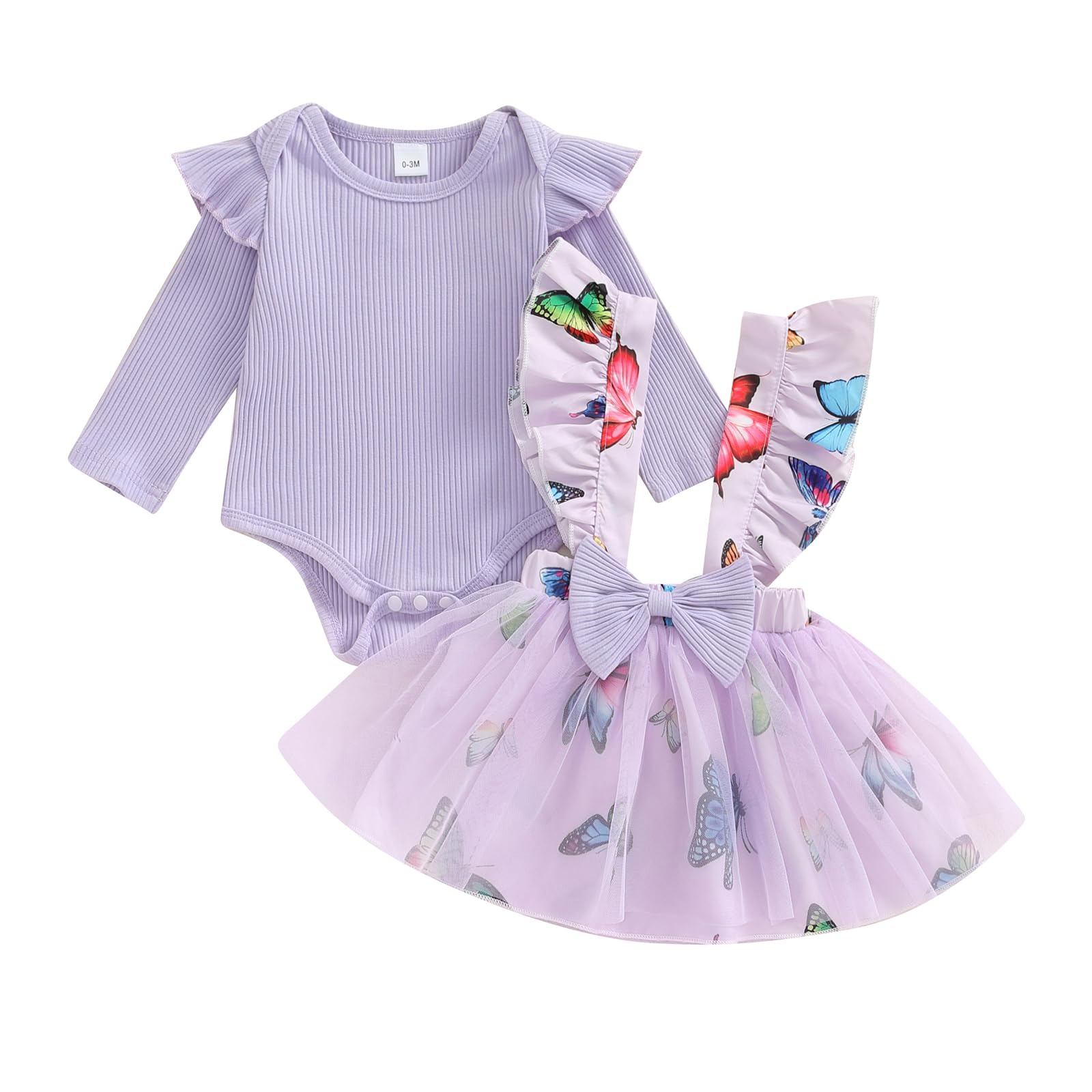 Gaono Newborn Fall Clothes Baby Girl Suspender Skirt Outfit Long Sleeve Solid Ribbed Romper Floral Bow Overall Dress Sets (Purple, 6-12 Months)