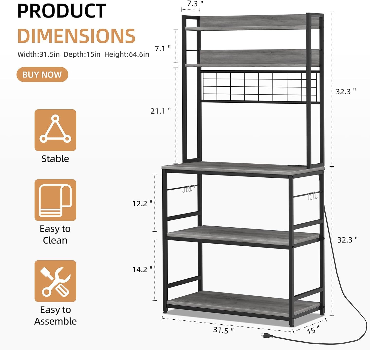 Shintenchi Bakers Rack with Power Outlet, Large Storage Space, 10 Hooks Coffee Bar with Metal Wire Panel, High Microwave Stand, Classic Kitchen Storage Shelf Design, Grey