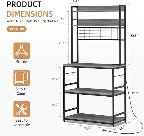 Miniatura 3 de Shintenchi Estante para panaderos con toma de corriente, gran espacio de almacenamiento, barra de café de 10 ganchos con panel de alambre de metal,