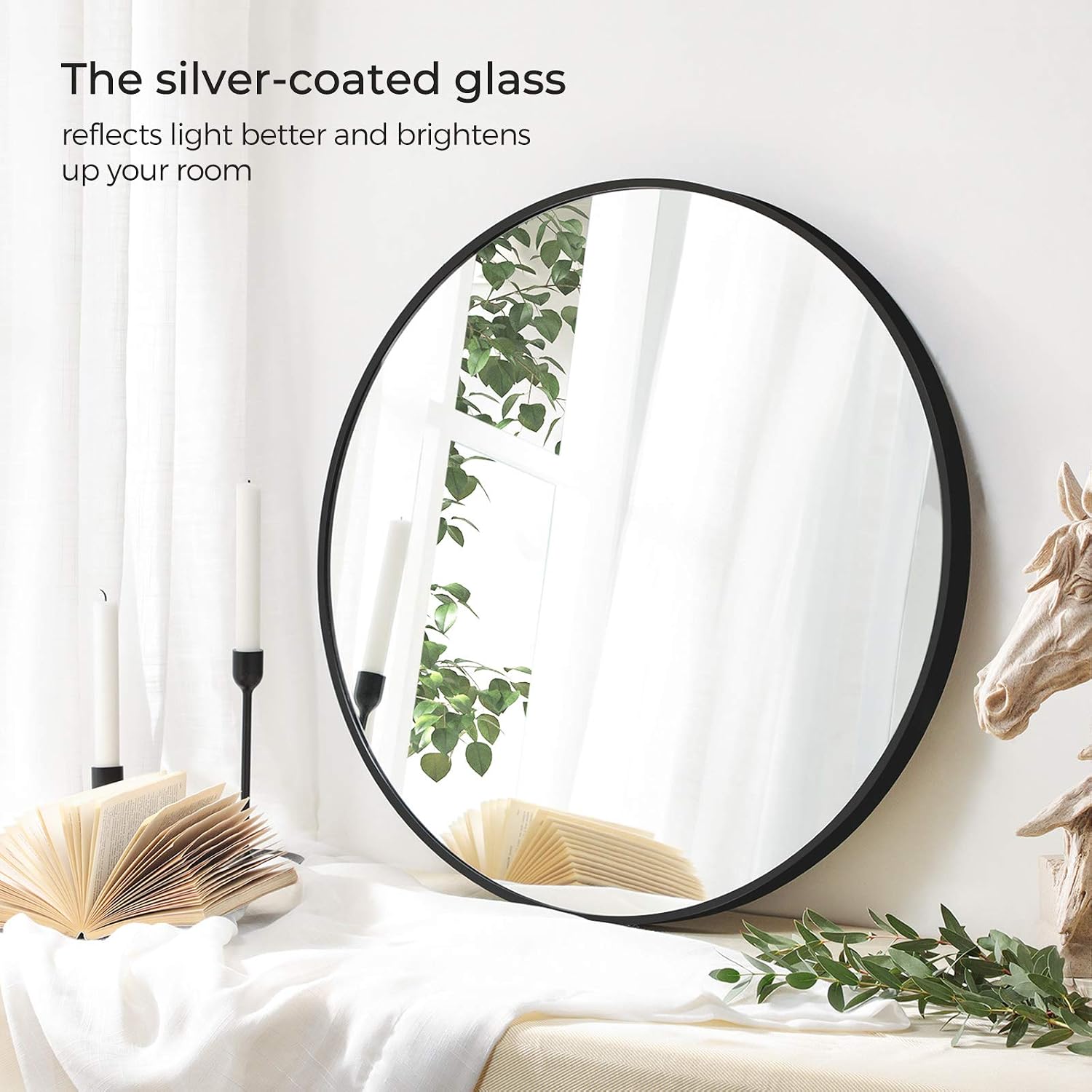SONGMICS Round Wall Mirror, Decorative Circle Mirror, 30-Inch Diameter, Metal Frame, for Living Room, Bedroom, Bathroom, Entryway, Black ULWM103B01