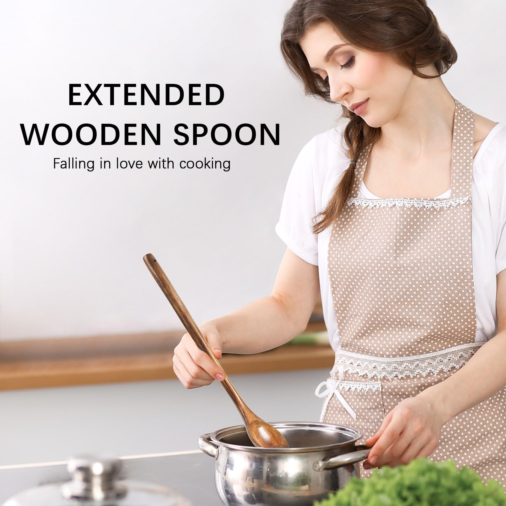 3 große Holzlöffel zum Kochen, 33 cm, extra langer Griff, Holzlöffel zum Essen, Nudeln, Rühren, Verkosten, Backen, große Kochutensilien-Set