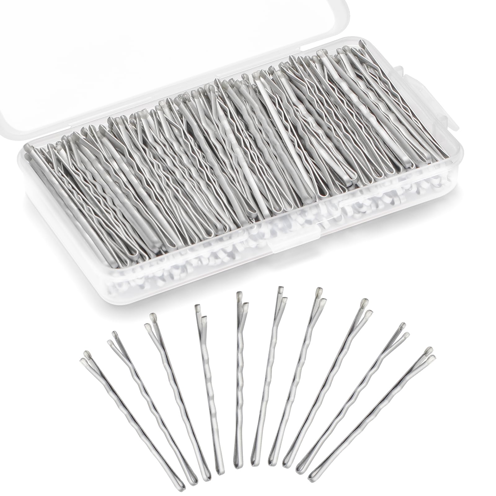 Mia Klein 2 Inch Silver Bobby Pins Bulk, 200PCS Wavy Hair Pins with Storage Box, Secure Hold No Slip Bobby Pins for Women Girls, Silver Hair Grips for Gray Hair, All Hair Types Styling Accessories