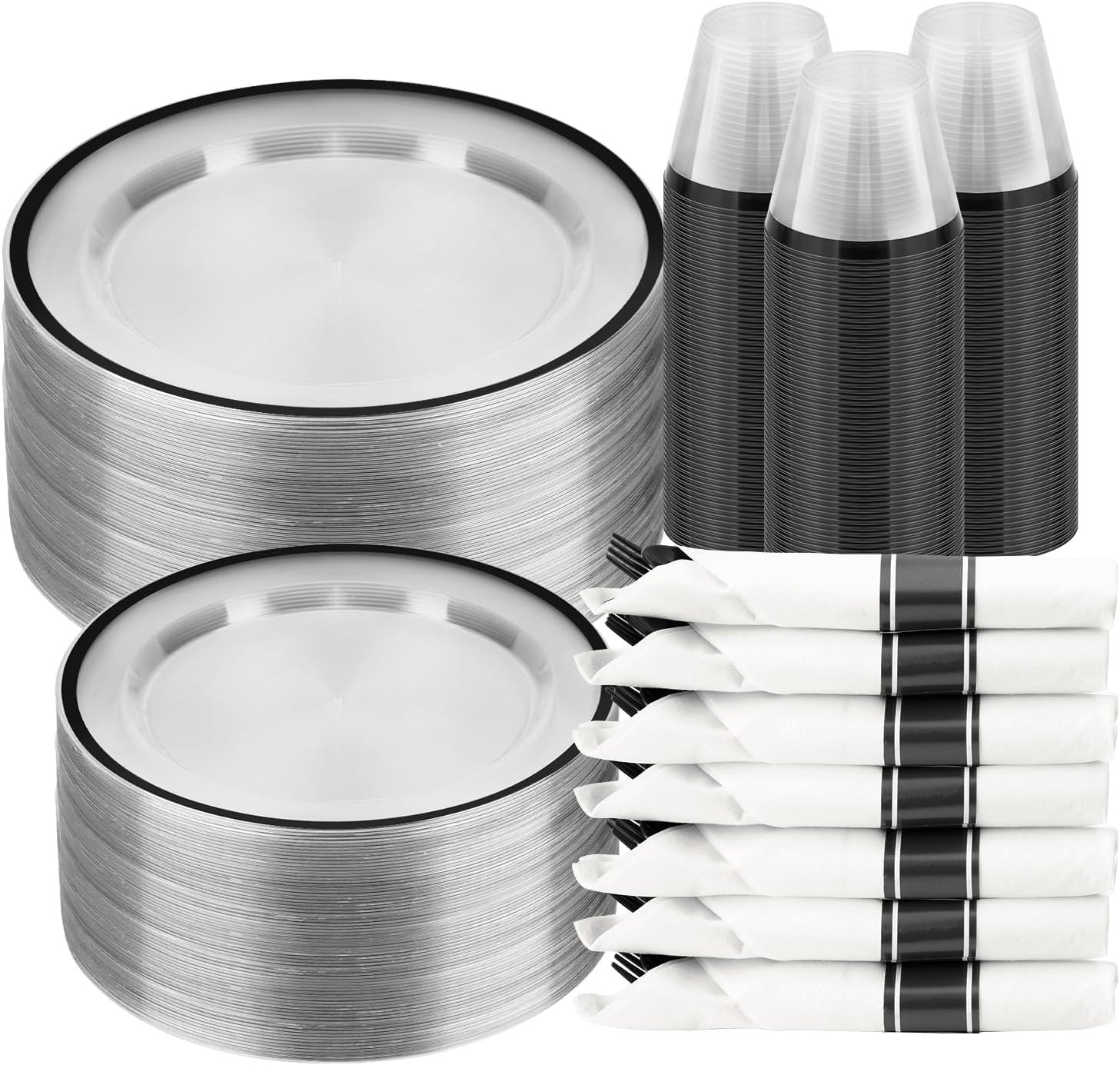 350PCS Clear and Black Disposable Plates Set for 50 Guests, 100 Plastic Plates, 50 Plastic Cups, 50 Pre-Rolled Napkins with Cutlery for Party, Thanksgiving, Birthday, Halloween, Christmas Black 350 Piece (50 guests)