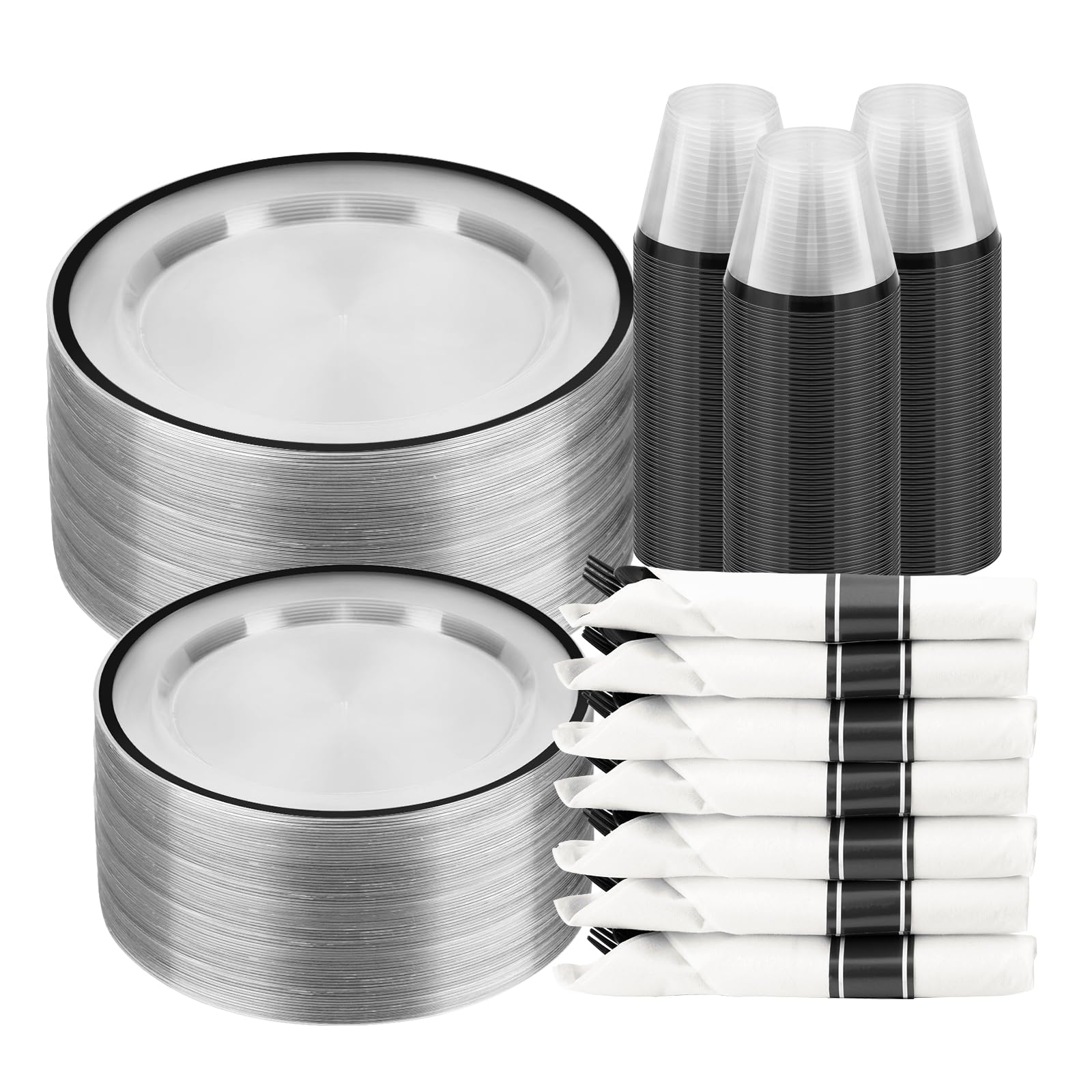 BESTSTAR 350PCS Clear and Black Disposable Plates Set for 50 Guests, 100 Plastic Plates, 50 Plastic Cups, 50 Pre-Rolled Napkins with Cutlery for Party, Thanksgiving, Birthday, Halloween, Christmas