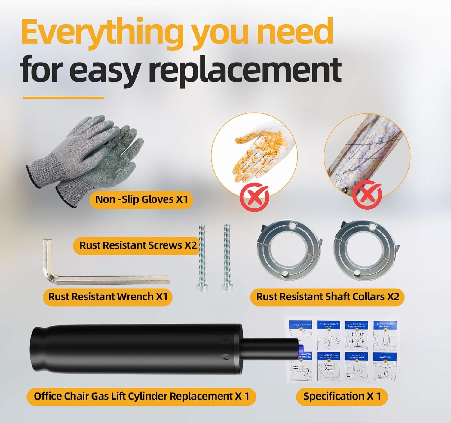 MASTERY MART Office Chair Gas Cylinder Replacement Kit, 6" Stroke Heavy Duty Hydraulic Pneumatic Piston, 1000 lbs Capacity, Universal Fit for Desk Chairs, Easy Installation with Removal Tool & Gloves