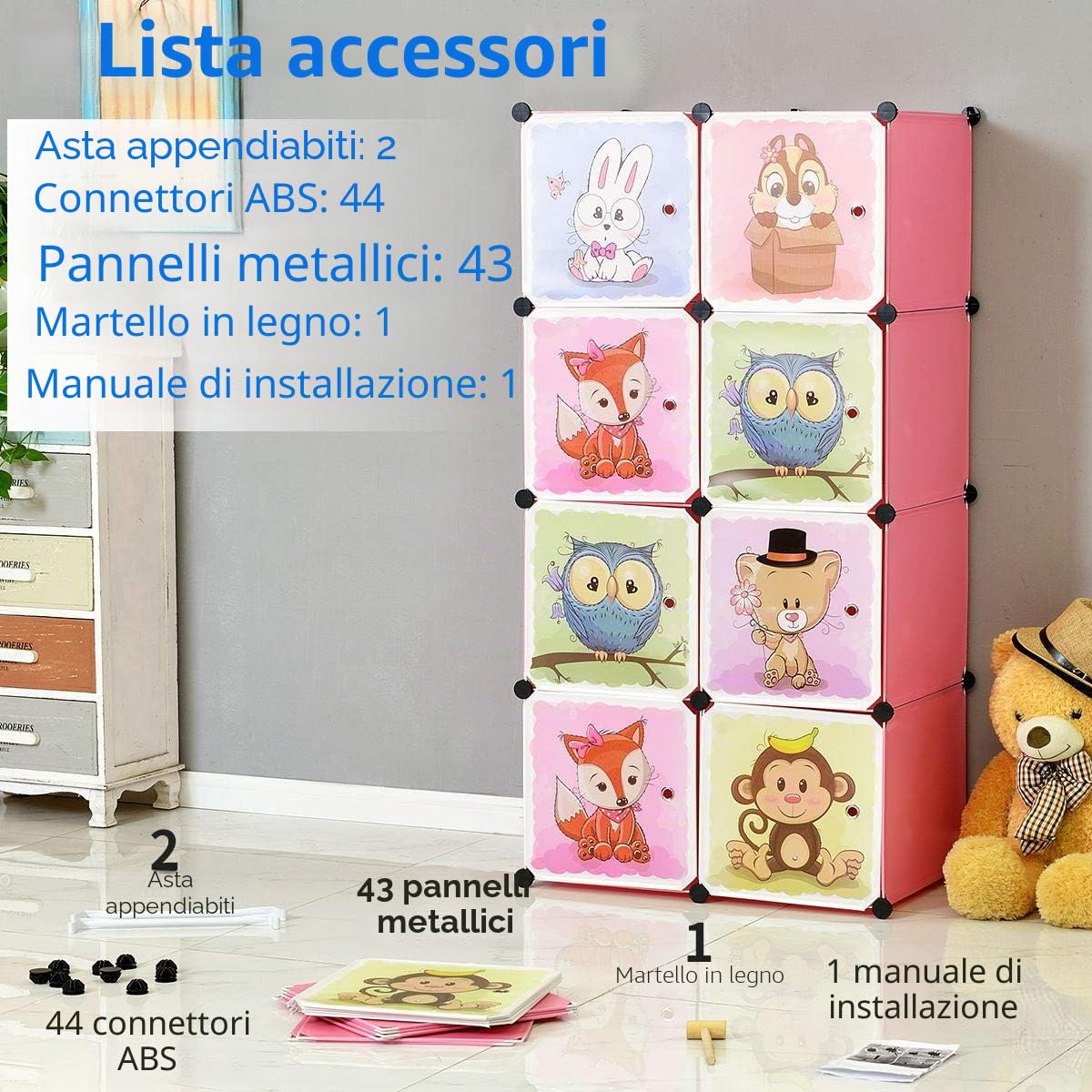 BRIAN & DANY Armadio Modulare Bambini, Portatile Guardaroba, Armadietto in Moduli Plastici, 8 Cubo e 2 Aree di Sospensione, Rosa, 110 x 47 x 147 cm