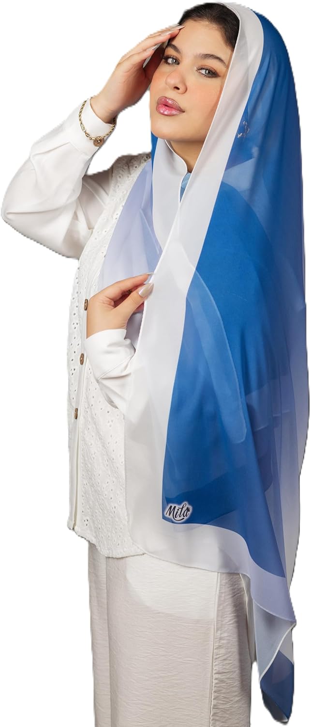 Mila Patterned Chiffon Scarf for Women - Classy Gift for Special Occassions - Neck Scarf - Headscarf - Size (27x70) in Navy Gradient - Image 1 of 9