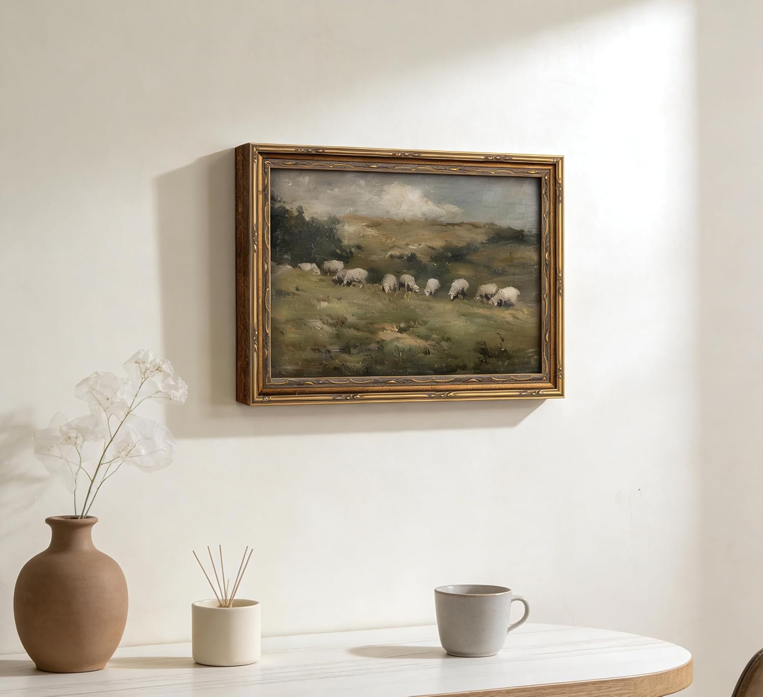 Vintage Golden Framed Wall Art Sheep on the Dunes Painting Picture Wall Decor Rural Sheep Grazing Field Poster Print Artwork for Living Room Bedroom Bathroom Home Decoration