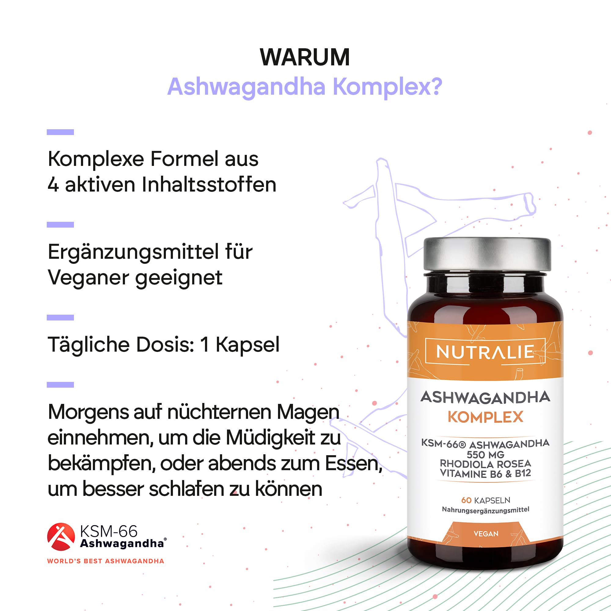 Ashwagandha KSM-66 610mg - Rhodiola Rosea + 5% Withanolide + Vit B6 B12 + Withania Somnifera - 60 Kapseln Vegan Nutralie