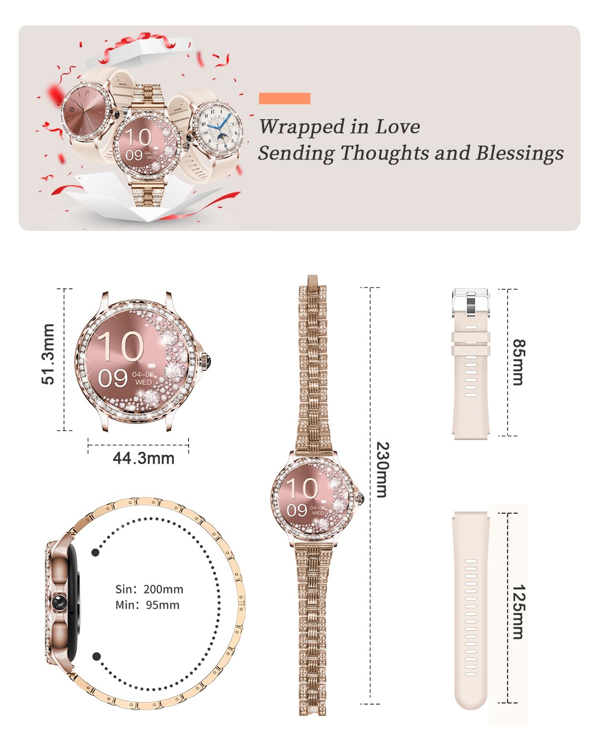 Smartwatch Donna, 1,3'' HD Orologio Smartwatch con Chiamate BLE5.2/Notifiche Messaggi/110+ Sport/Cardiofrequenzimetro/SpO2/Sonno, Orologi Fitness IP68 per Android iOS, Regalo Donna, Oro Rosa