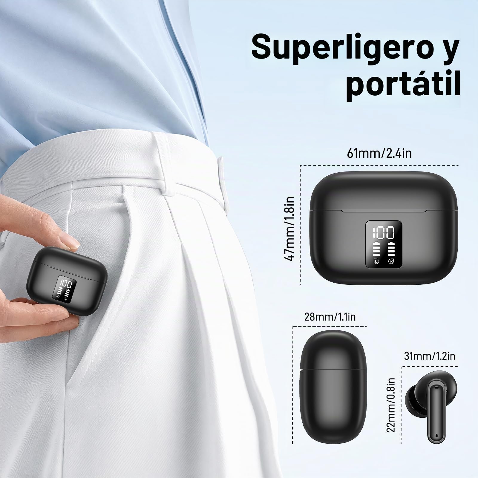 Auriculares Inalámbricos Bluetooth 6.0 con ENC, Carga USB-C, IPX7, Negro | 4 Mic con Reducción de Ruido ENC, 50H con Graves, Carga Rápida USB-C,ergonómico ligero para uso cómodo