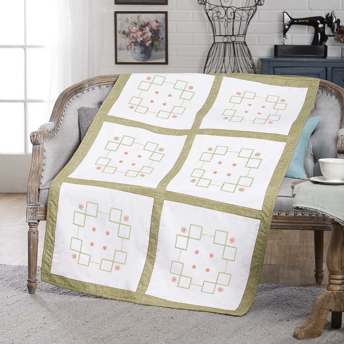 Herrschners Delilah Quilt Block Stamped Cross-Stitch & Stamped Embroidery