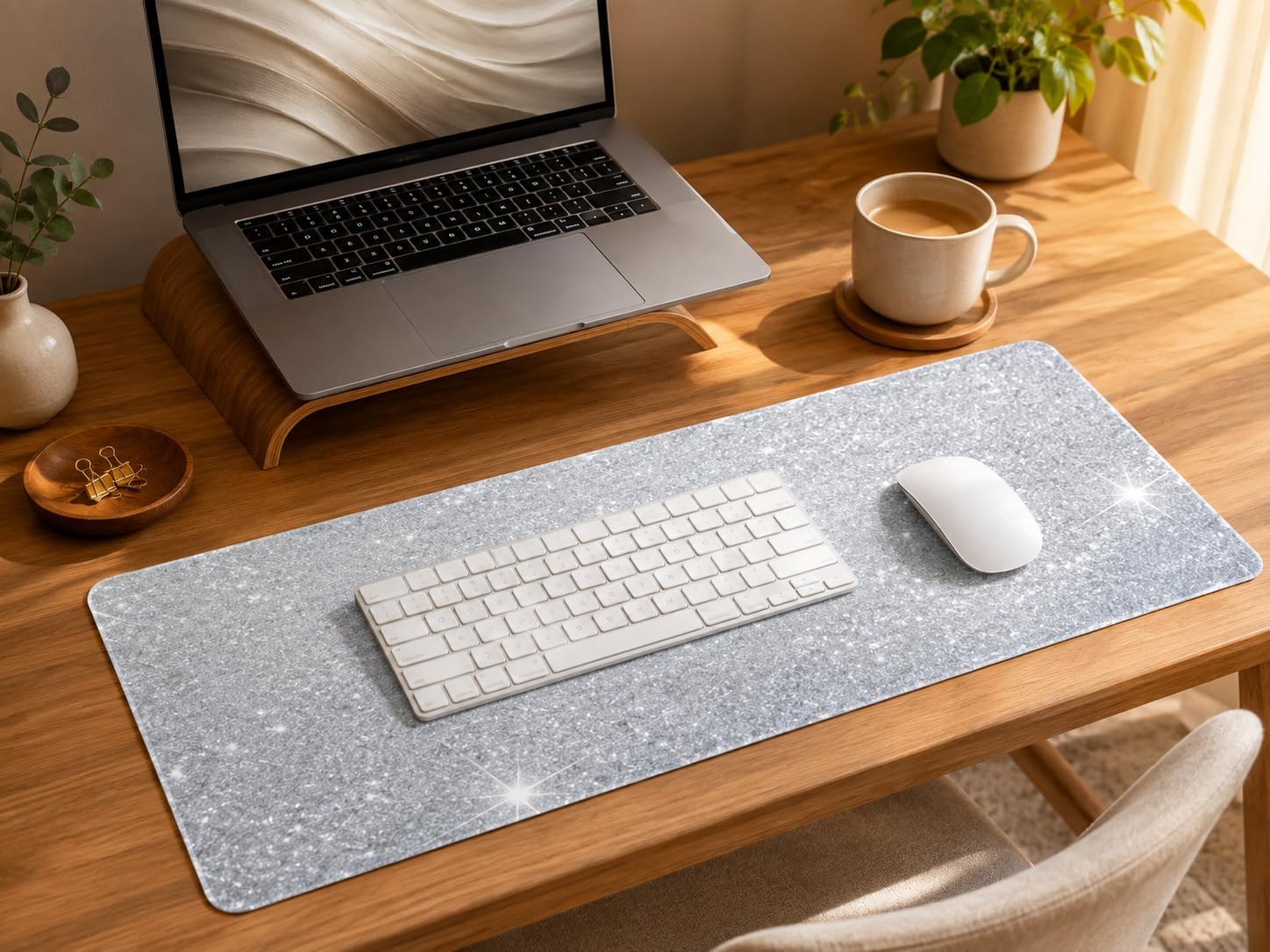 Large Silver Glitter Mouse Pad for Women - Diamond Bling Desk Accessory, Non-Slip Rubber Base, Large Gaming Mousepad for Laptop, 15.7x31.5 inch image 2