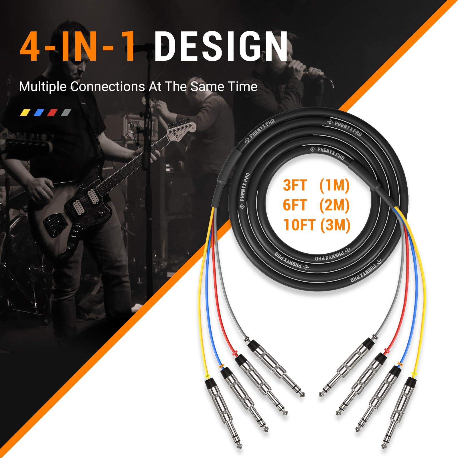 Phenyx Pro Cable TRS de serpiente de 4 canales, parche TRS codificado por colores con cobre OFC de 24 AWG, cable de audio de 6 pies, cable de audio de 1/4 pulgadas, TRS a TRS equilibrado de 1/4