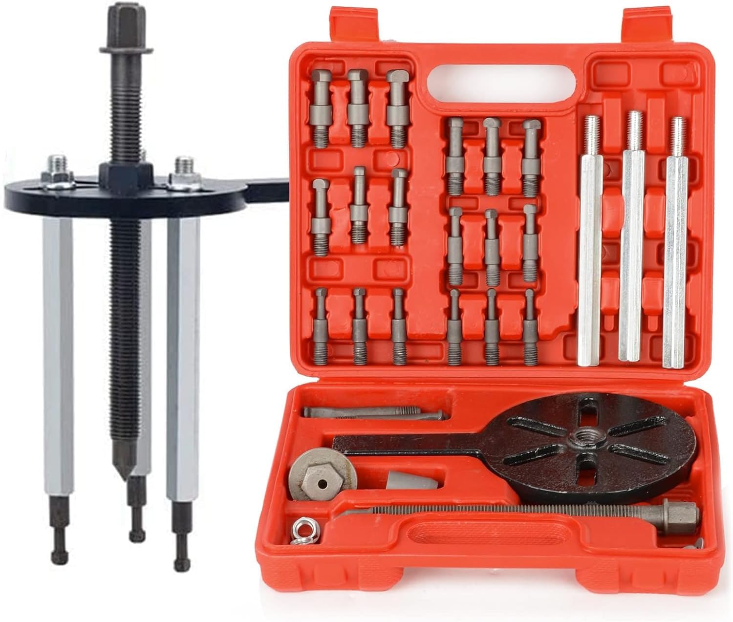 21 in1 Bearing Puller Set Inner Hole Three-Jaw Puller with Curved Hook and Steel Collet Multifunctional Bearing Removal Tool with Portable Storage Case Red
