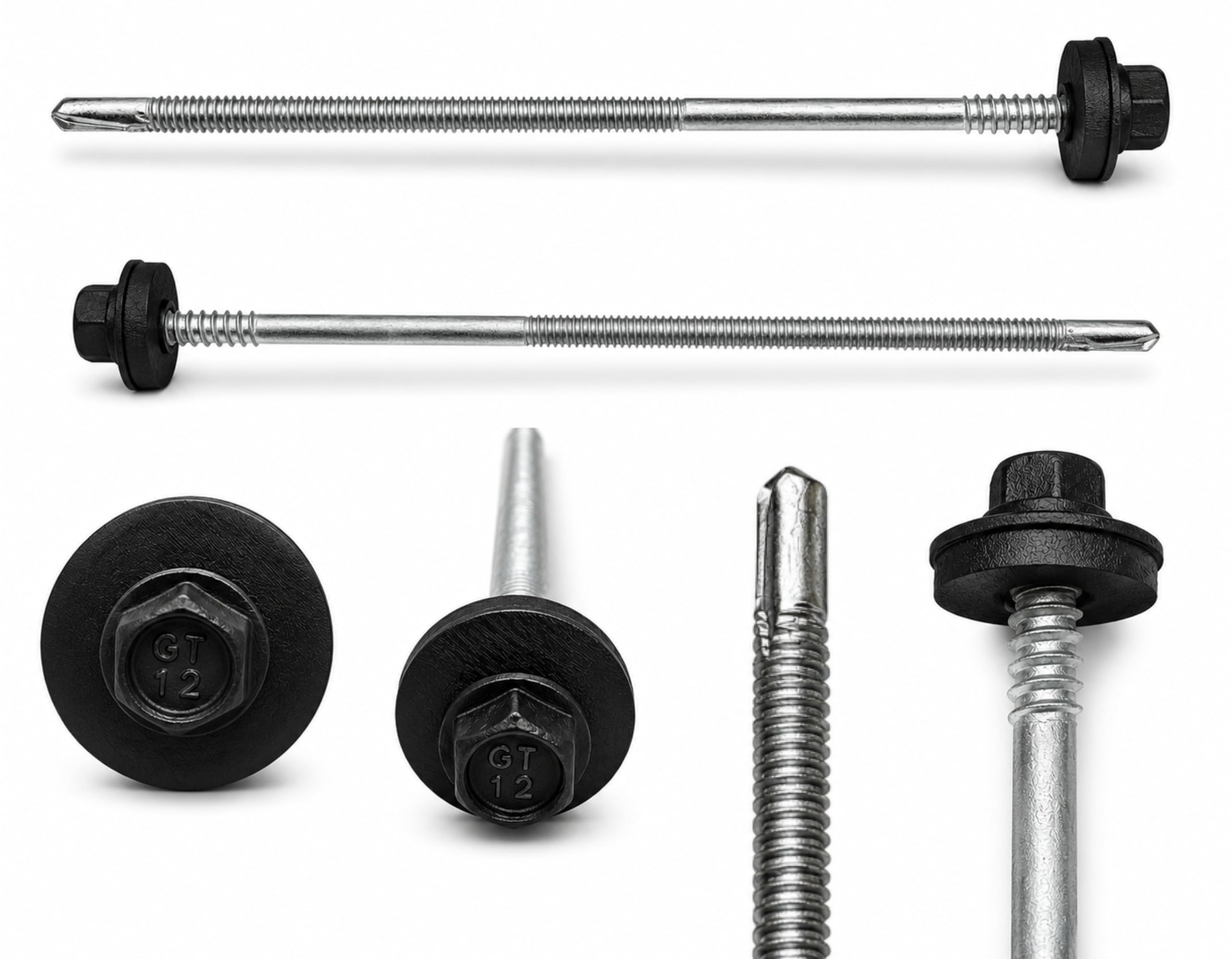 ETANCO GTR 12 SP A19 5,5/6,3 x 200 mm Tornillo de doble rosca autoperforante para paneles sándwich sobre acero RAL 9005, negro profundo, arandela de sellado EPDM ETA CE SW8, 100 unidades