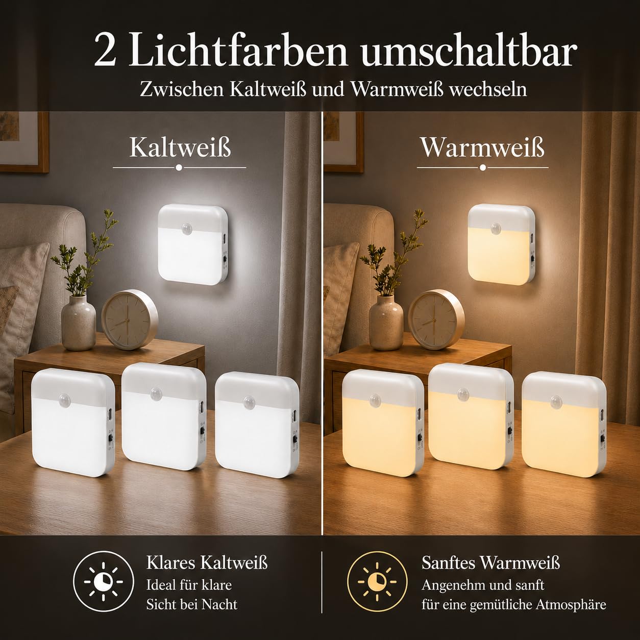 Nachtlicht mit Bewegungsmelder Akku Aufladbar Typ-C Innen, LED Nachtlampe 36 LEDs Treppenlicht mit Dämmerungssensorfür Flur, Schrank, Kinderzimmer, Treppe, 6er Pack, Warmweiß und Weiß (Umschaltbar)