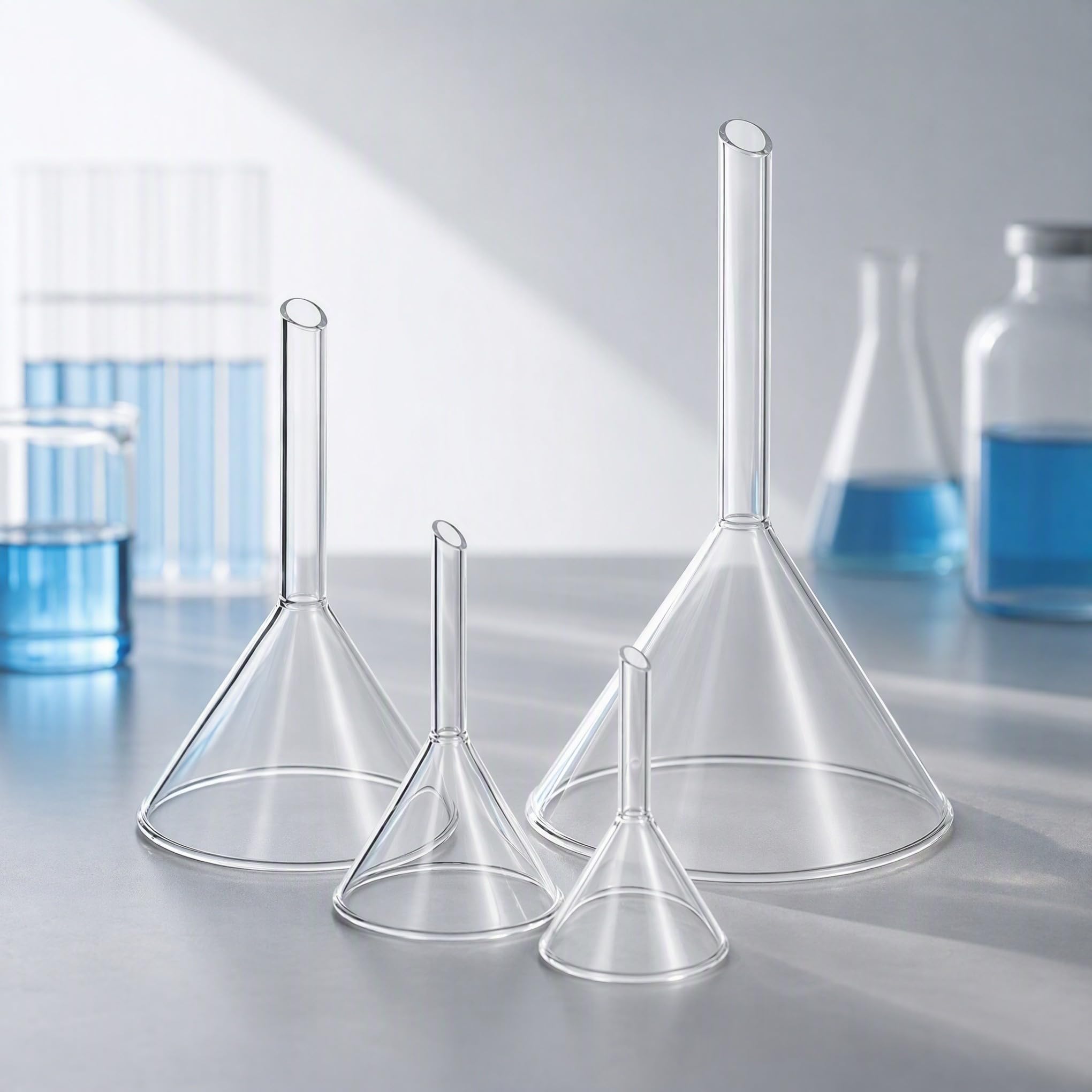 NUOBESTY Embudo de Vidrio Borosilicato para Laboratorio Juego de Embudos Cónicos de Tallo Corto 40-100 MM Resistente a Altas Temperaturas para Experimentos Científicos y Cocina