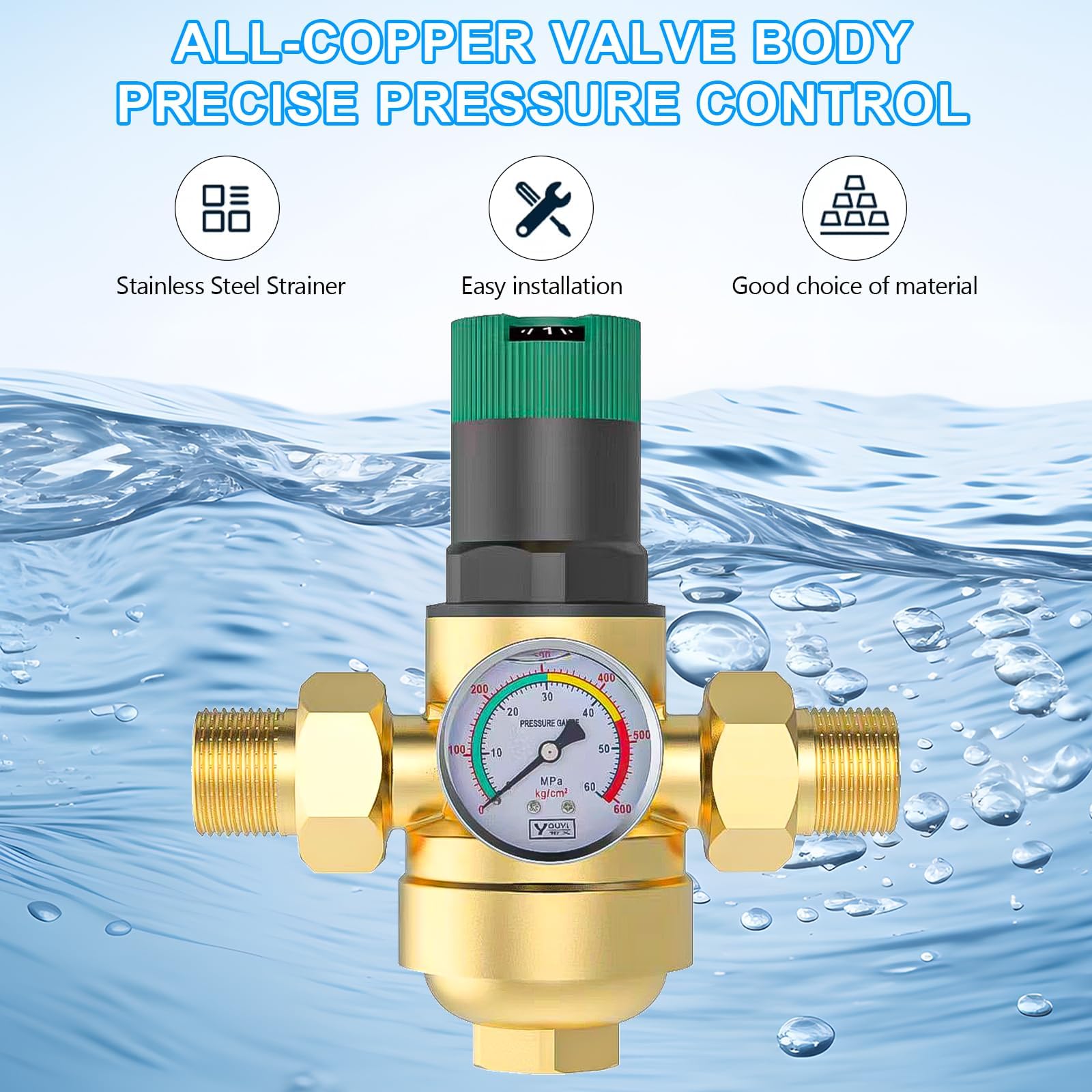 1 Pouce Reducteur de Pression Eau, Limiteur de Pression Avec Manometre Pression Eau Et Filtre à Mailles, RéDucteur de Pression D'Eau En pour Robinets D'Irrigation de Jardin de Chauffage au Gaz