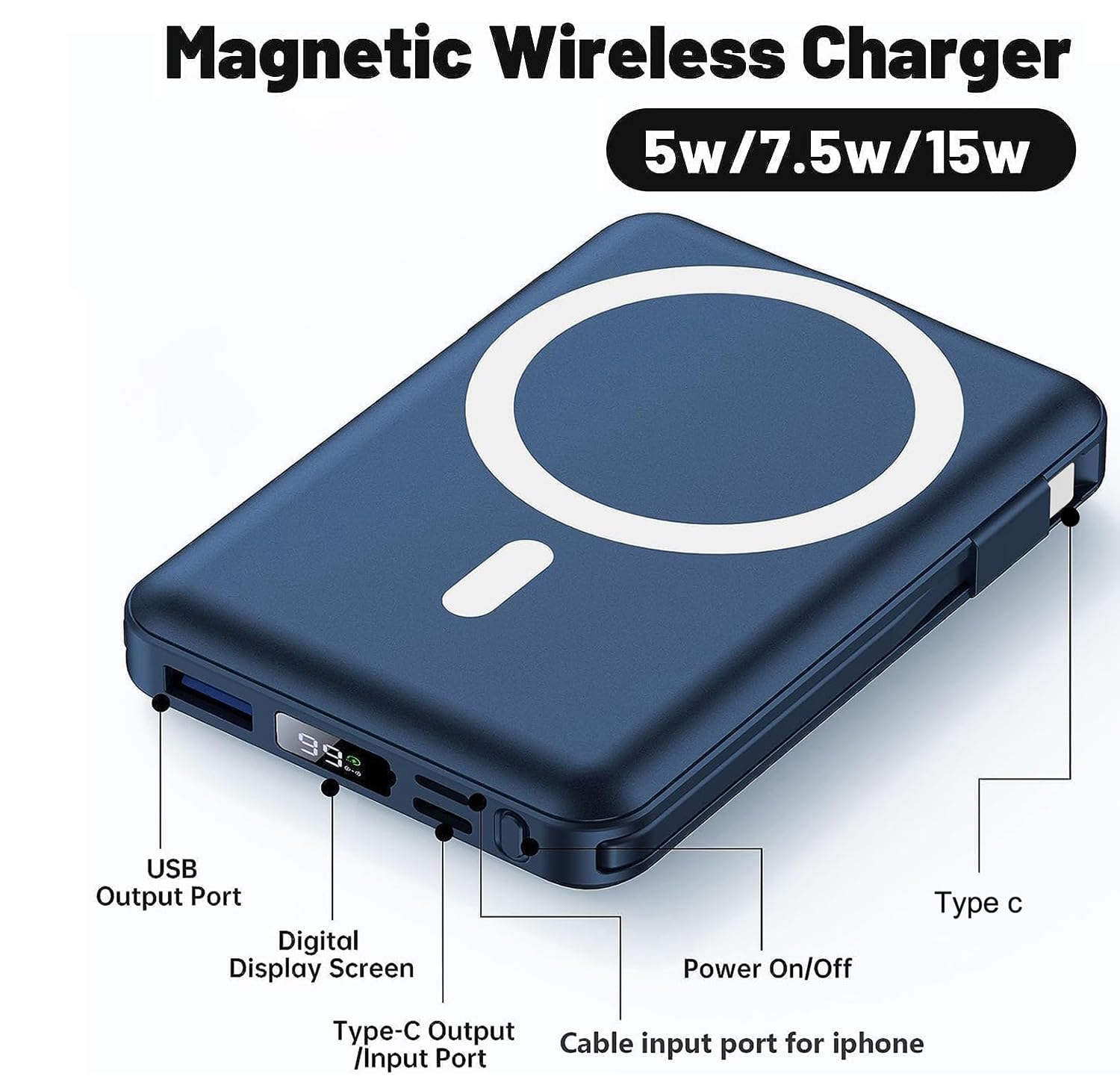 Yiisonger per Magsafe Powerbank 10000mAh, Caricatore Portatile Magnetico Wireless 22,5W, Ricarica Rapida con Display LED e cavo di ricarica USB-C/Lighting per iPhone 16/15/14/13/12 Pro/Pro Max/Plus