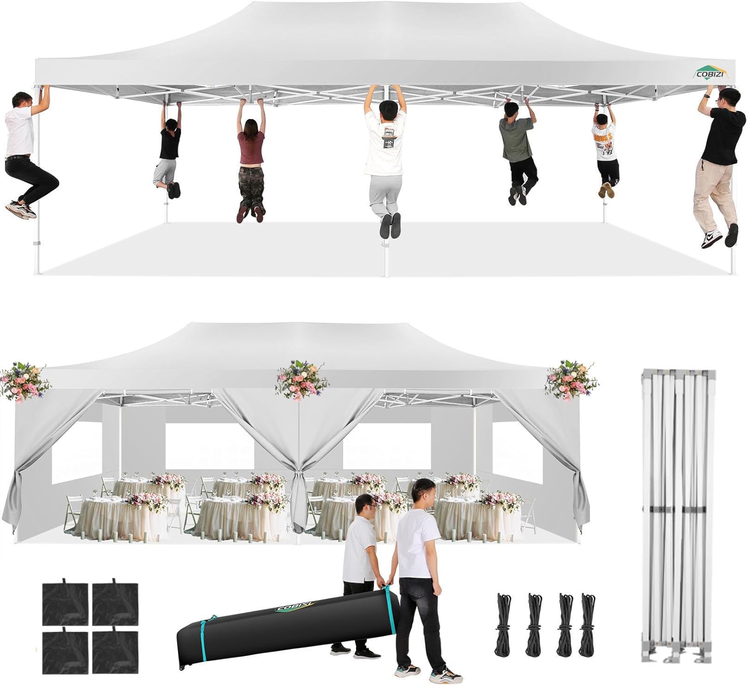 incomplete)cobizi 13x26 pop up tent 13x26 canopy with sidewalls heavy duty canopy party tent for parties, outdoor wedding large event tent wind waterproof upf 50+ ez up in garden lawn with roller bag, white white 13x26