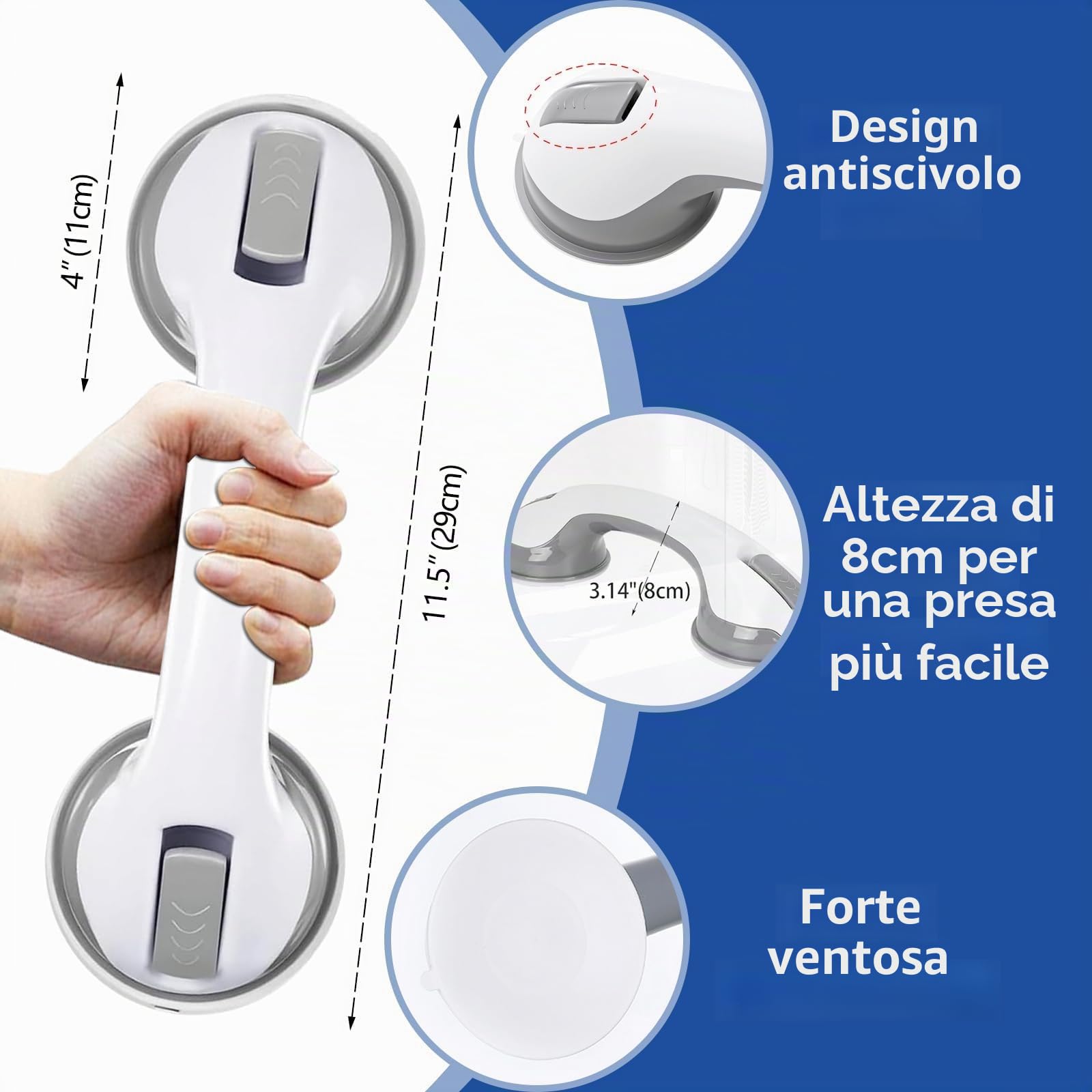 Maniglia per anziani, 2 pezzi, per doccia con ventosa, senza foratura, antiscivolo per doccia e bagno, tenuta forte fino a 110 kg, maniglia di sicurezza per anziani, grigio, 30 cm