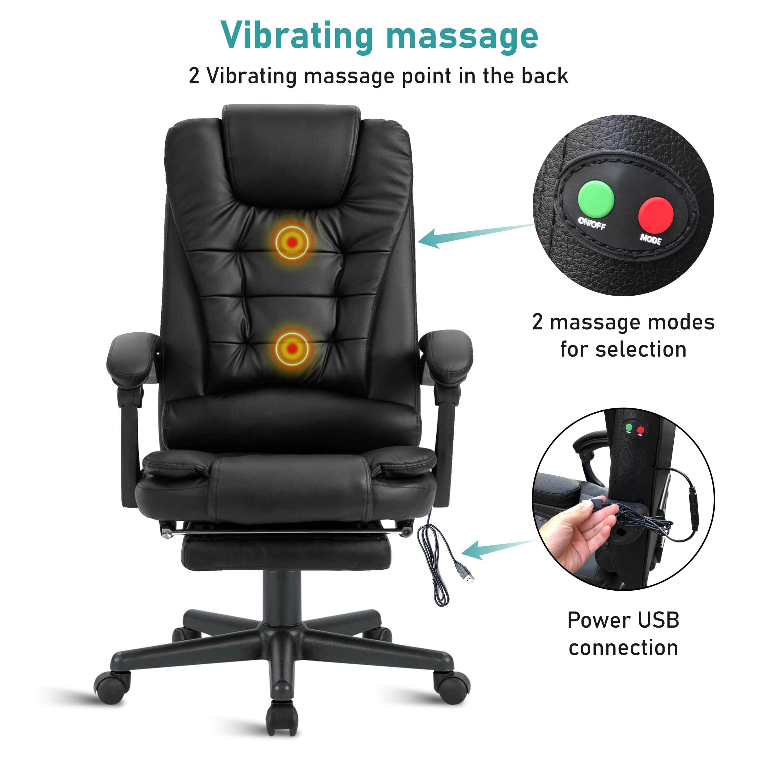 2 point Recliner Massage Office Chair Black, Executive Office Chair with Footrest, Swivel