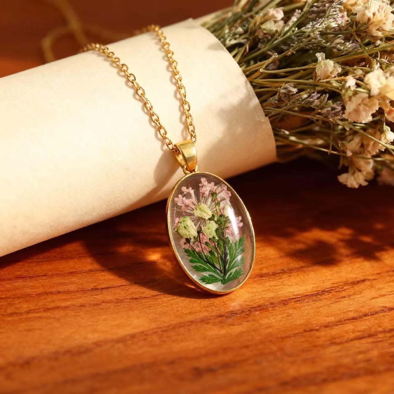 Handmade Vintage Pressed Flower Necklace, Vintage Boho Floral Pendant Jewelry for Women, Hippie Style Necklace with Gift Box, Unique Handmade Gifts for Mom, Daughter & Best Friend - Image 6