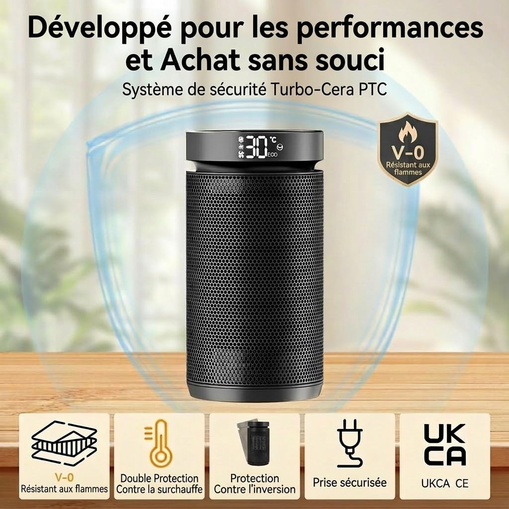 radiateur soufflant basse consommation 1500 W chauffage d'appoint portable avec thermostat, minuterie 12 heures, protection contre le renversement et la surchauffe chambres, bureaux et intérieurs