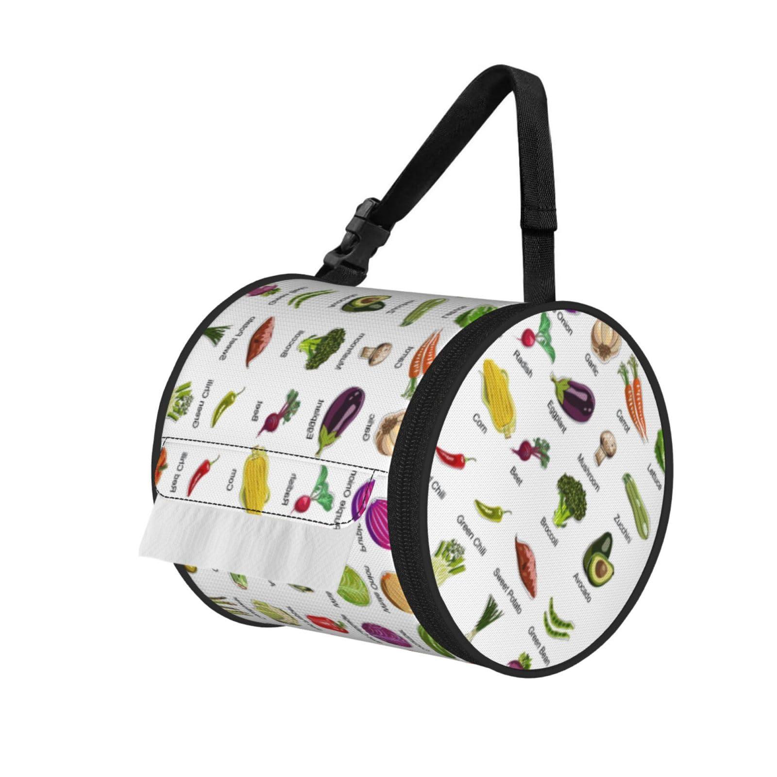 Introduction Of Vegetables Print Round Paper Tissue Holder With Shoulder Strap, Portable Roll Case For Caravan Travel Use