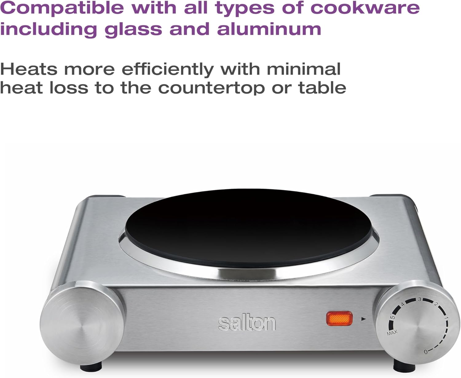 Salton Cooktop with text about cookware compatibility and efficiency