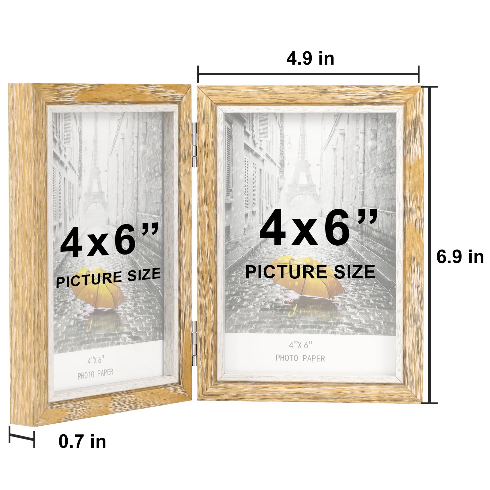 Cornice portafoto doppia in legno pieghevole con vetro, supporto da scrivania per 2 foto, perfetta per famiglia, regali di nozze, venature del legno