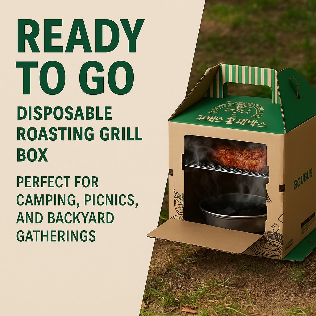 GGUBUS Grill House - Parrilla desechable todo en uno, ahumador portátil y caja de asar carbón, fácil de encender, papel apto para alimentos, 90 minutos de vida del carbón, campamento al aire libre 3