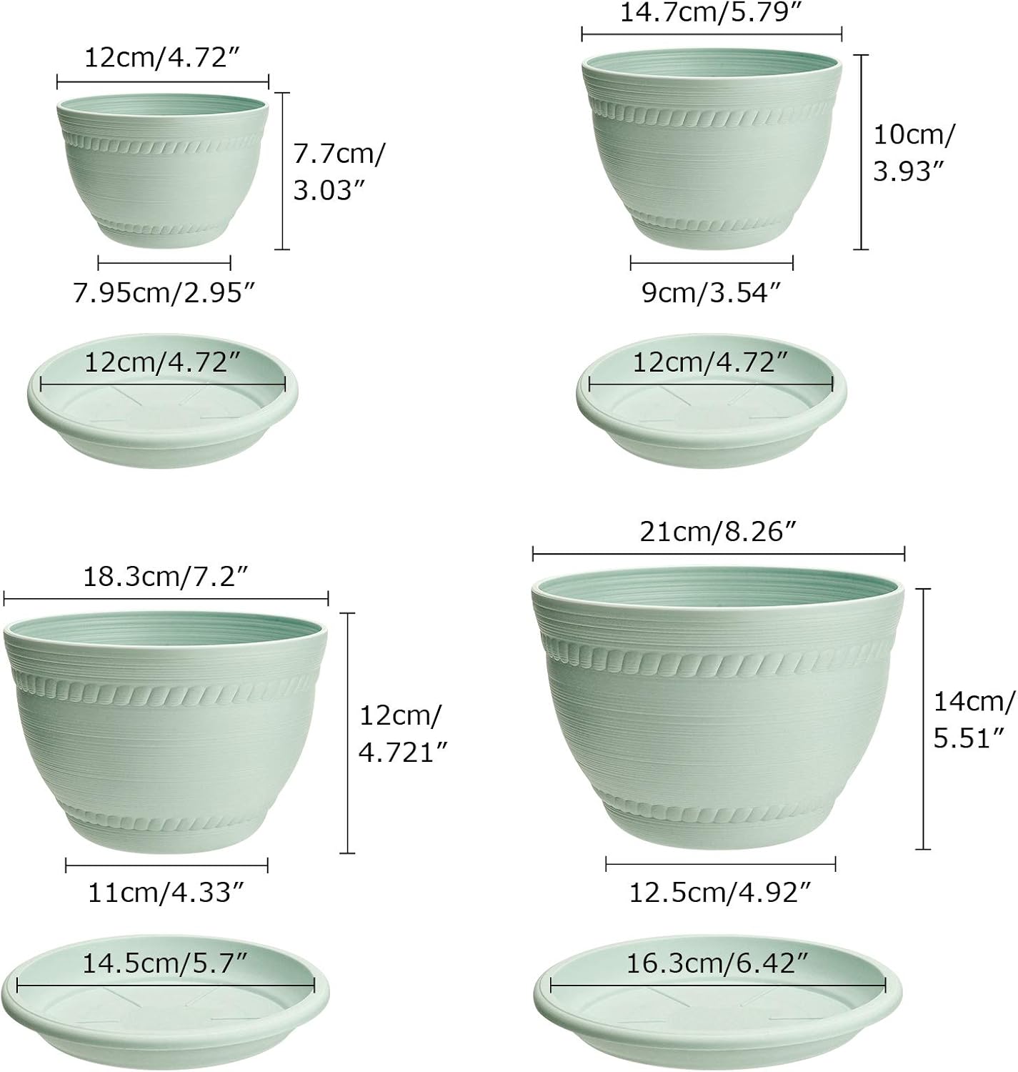 XINRUI Plastic Plant Pots, 4 Pack Flower Pots 4.7/5.8/7.2/8.3 Inch Outdoor Indoor Garden Planter with Drain Hole Trays for House Plants, Flowers and African Violets(Green) : Patio, Lawn & Garden