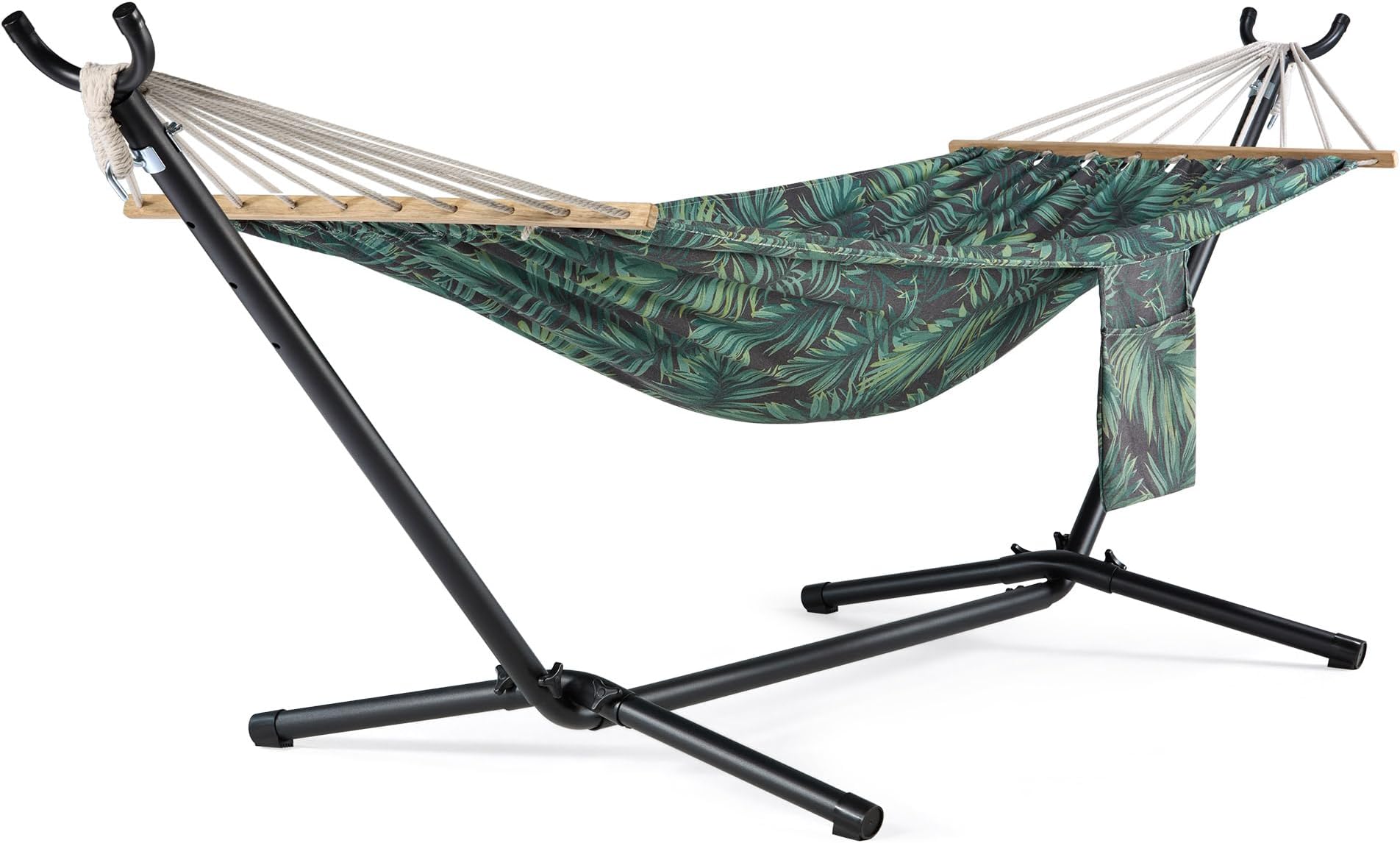 VonHausHammock with Stand - Freestanding 1 Person Hammock Seat with Steel Frame - Polycotton Material & Adjustable Frame - Travel Bag for Garden, Beach, Camping & Outdoors - Black & Green Leaf Print