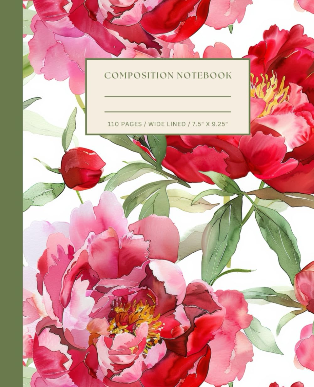 Composition Notebook: Red Pink Peonies Florals Watercolor|Wide Ruled|7.5"x9.25"|110 pages|Journal or Gift for Peony and Flower Lovers
