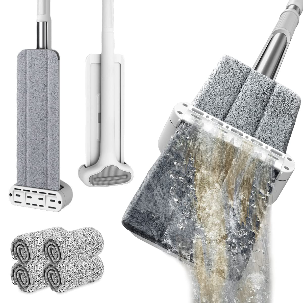 Self Wringing Mop, Microfibre Floor Mops with 4 Reusable Pads Hands Free Wet Dry Dust Mop 360° Rotatable Flat Floor Mops Cleaning Mop Set for Bathroom Kitchen Wall Floor