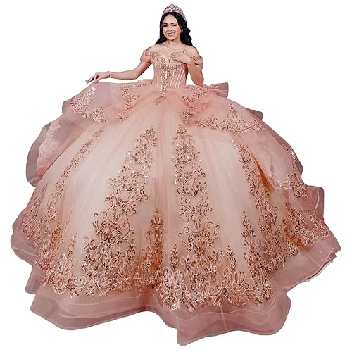 Mauuwy Princess Ruffles Quinceanera Dresses with Bow Puffy Lace Crystal 15 Dresses for Quinceanera Layered Tulle Ball Gown